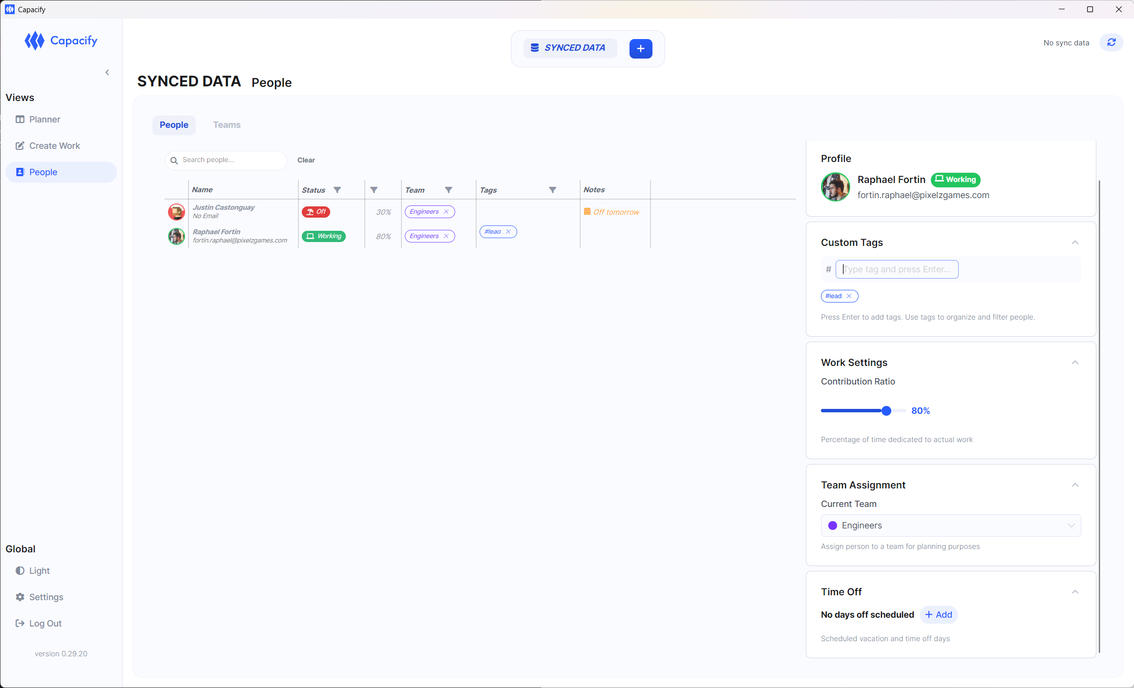 Team roster with PTO calendar